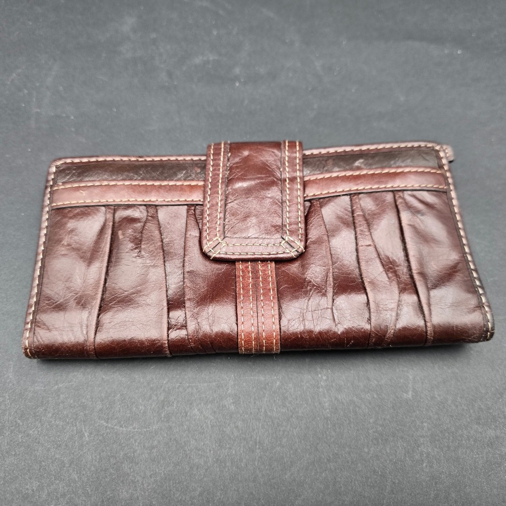 Vintage Fossil Brown Leather Pleated Bifold Clutch Wallet Organizer Paisley